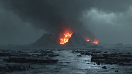 A volcanic eruption with glowing lava under a dark, cloudy sky.