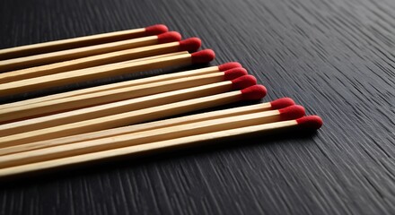 Close-up of wooden matchsticks with red heads aligned in rows on a black surface, representing fire safety, ignition tools, flammable objects, and geometric symmetry


