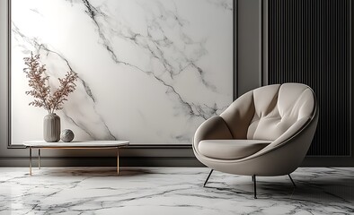 Modern Living Room Mockup &ndash; Stylish Beige Chair, Marble Wall, Minimalist Coffee Table, and Decorative Vase with Dried Flowers for Interior Design and Branding

