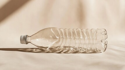 Empty plastic water bottle on beige backdrop