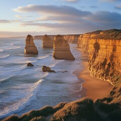 Dramatic coastal scenery at sunrise, featuring iconic rock formations rising from the ocean
