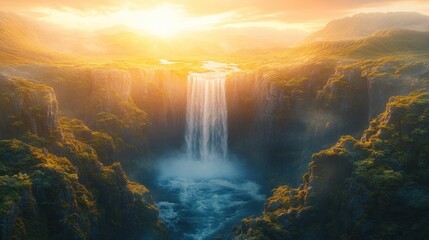 Fototapeta premium Majestic waterfall cascading down a canyon at golden hour. Lush greenery, dramatic cliffs, and a vibrant sunset