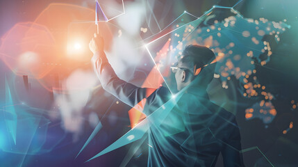 A person in vr headset interacting with a digital interface with abstract shapes and light effects