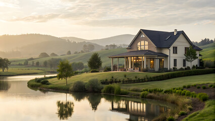 Obraz premium Realistic picture modern house sunlight nearby