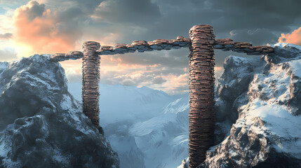 Debt public crisis concept, symbolic representation of a bridge made of coins with labeled solution debt concept. Abyss Tower. Illustration