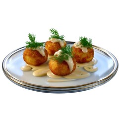 Fried risotto balls with dill on plate on white background