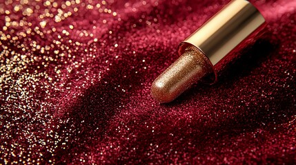 Luxurious golden lipstick on dark red glitter background with bokeh effect and metallic shimmer, creating glamorous cosmetic product photography setup.