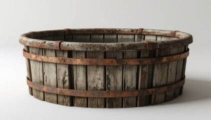 Fototapeta premium Rustic Wooden Tub with Rusty Metal Bands - Antique Oval Water Trough