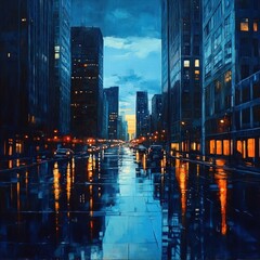 Urban street scene at twilight, reflecting city lights in wet pavement