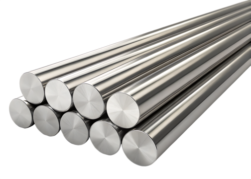 Stainless steel round bars close up on black background