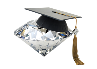 Graduation cap on diamond symbolizing high quality education on black background