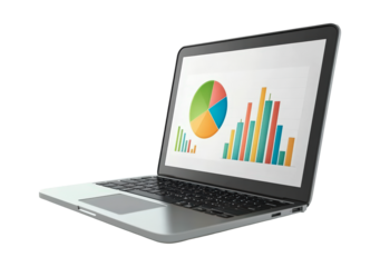 Laptop displaying colorful graphs and charts isolated on transparent background
