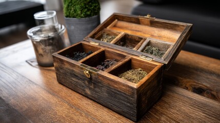 Dark Brown Wooden Tea Box with Assorted Teas on Wooden Table