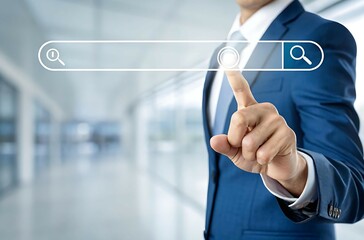 Interactive Digital Search Concept: Businessman's Finger Activating a Virtual Search Bar for Information Retrieval
