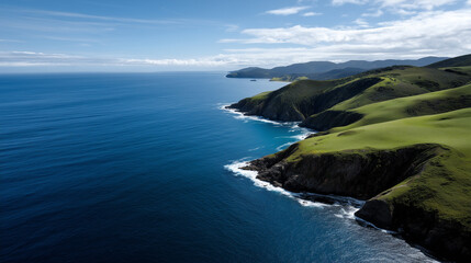 Fototapeta premium Coastal Hills Overlooking the Ocean Under Clear Sky