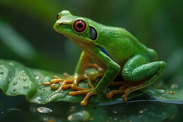 A Green Tree Frog on Dewdrop-covered Leaf.