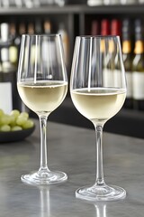 Elegant pairing two wine glasses filled with white wine at the bar