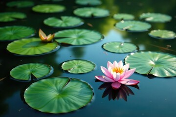 Lily pads forming floral pattern across still lake, natural, floral
