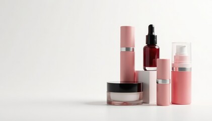 Luxury cosmetic products displayed on white background, bright, beauty