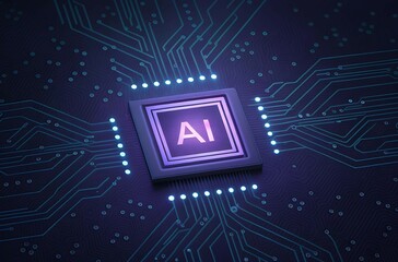 Artificial Intelligence Microchip on a Complex Electronic Circuit Board Illustrating Future Technology and Neural Network Concepts