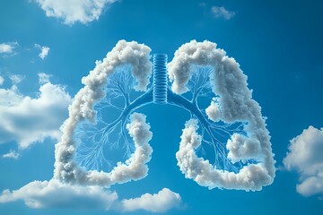 Naklejka premium Clouds forming shape of human lungs with bronchial tree overlay against bright blue sky, representing clean air, breathing and respiratory health concept.