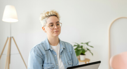Young caucasian female with glasses working on laptop in cozy minimalist home office