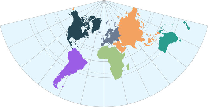 World vector map with continent boundaries and graticules (Lambert conformal conic projection, PPT-compatible, pre-colored & fully editable)