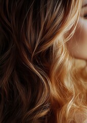 Naklejka premium Close-up of wavy brown and blonde highlighted hair with sunlit glow creating soft texture and dimension, showing modern balayage coloring technique.