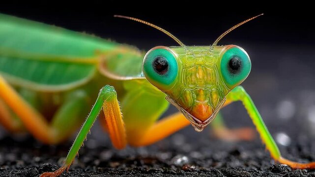 Detailed close-up of a colorful, surreal praying mantis with large eyes on a dark grainy surface looking straight ahead