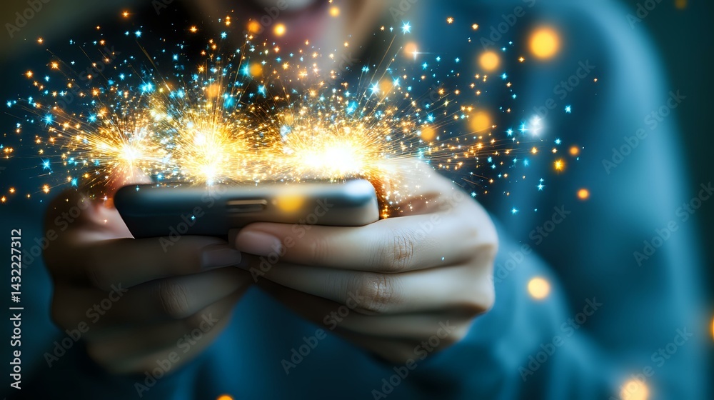 Poster magical glowing sparkles burst from smartphone screen held in hands against dark background, creatin