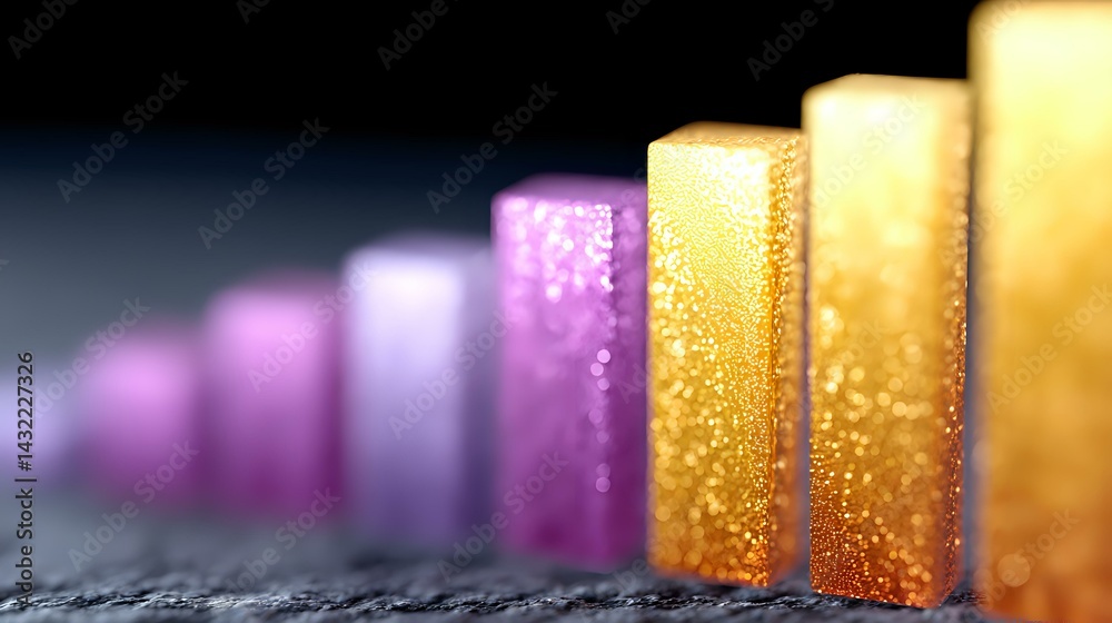 Poster Glowing gradient blocks from purple to golden yellow arranged in ascending order with sparkle effect and bokeh background creating magical atmosphere.