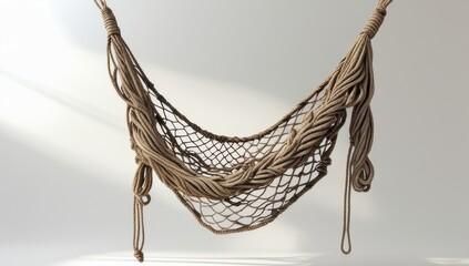 Fototapeta premium Rustic Beige Rope Hammock Hanging Against a White Wall