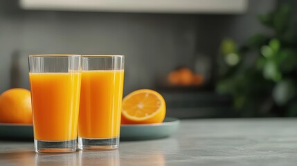 Refreshing Glasses of Orange Juice on a Stylish Table with Fresh Oranges in the Background