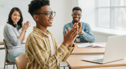 Diverse teen classroom: engaged african male and asian female students in learning environment