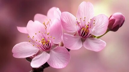 Fototapeta premium Two delicate pink blossoms in soft focus.
