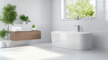 Fototapeta premium Modern, bright bathroom with a freestanding tub and plants. Light, minimalist design with wooden vanity and white tiles