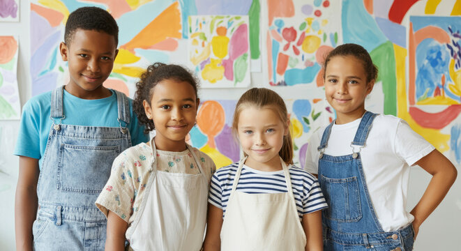 Diverse group of children in art class with colorful paintings in background