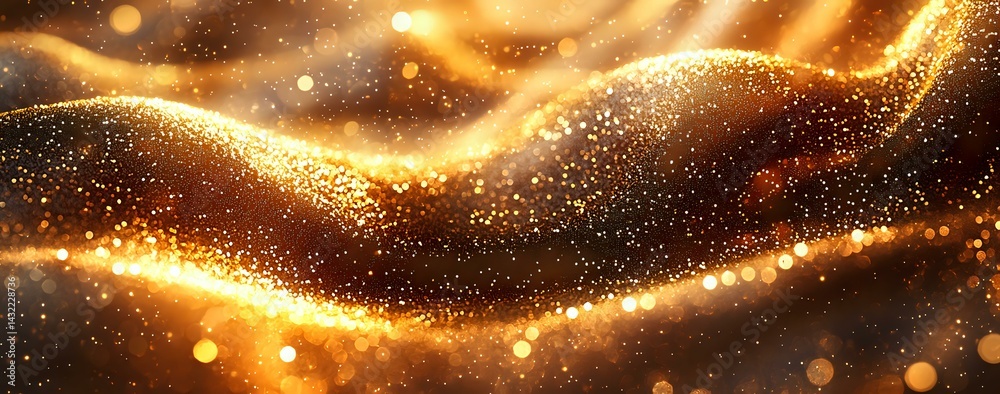 Poster glowing golden waves with sparkling particles flow through dark space creating magical abstract back