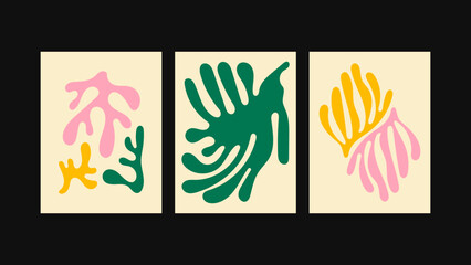 Set of 3 psychedelic art posters in 90s retro, groove style. Eye-catching abstract waves and floral patterns for modern kitchens, hip cafés, restaurants, or street displays. 