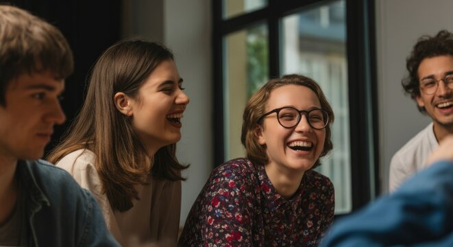 Diverse young adults laughing and socializing indoors in bright room