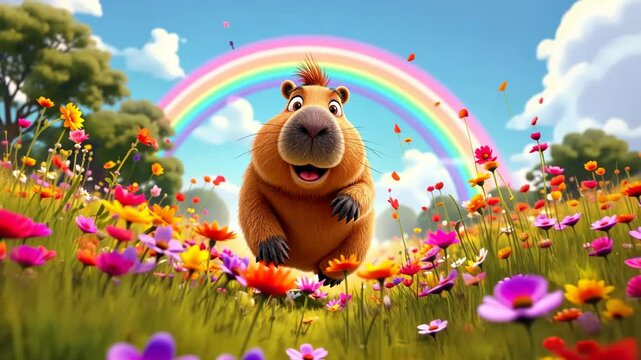 Cartoon capybara in a field of flowers with a rainbow