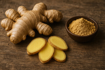 Fresh ginger root and slices with ground powder on rustic wooden table