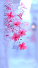 Delicate pink cherry blossoms against soft blue background create dreamy spring atmosphere with gentle bokeh effect and ethereal lighting for romantic designs.