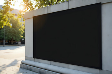 Fototapeta premium Close up of empty black poster on concrete building. Trees and sunlight in the background. Mock up