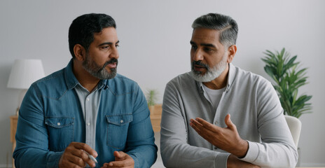 Two mature hispanic men engaging in a thoughtful conversation indoors