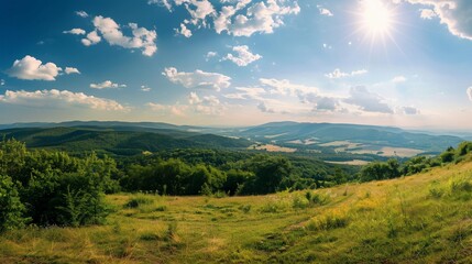 Obraz premium Sunny Hilltop Meadow Landscape, Mountain View, Summer