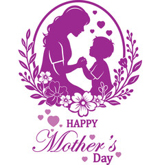 Happy Mother’s Day Silhouette Design – Floral Mom and Child Illustration with Elegant Typography