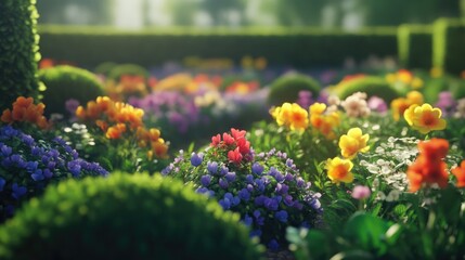 Obraz premium Close-up view of colorful blossoms in a well-tended flower garden surrounded by lush green hedges