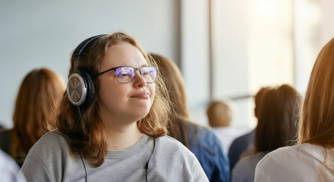 Caucasian female teen wearing headphones relaxing in a classroom setting - Powered by Adobe