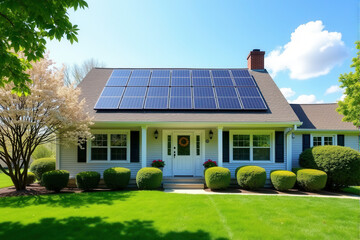 Modern Solar Homes in Spring and Summer Landscapes ,Eco-Friendly Living and Renewable Energy Concepts.